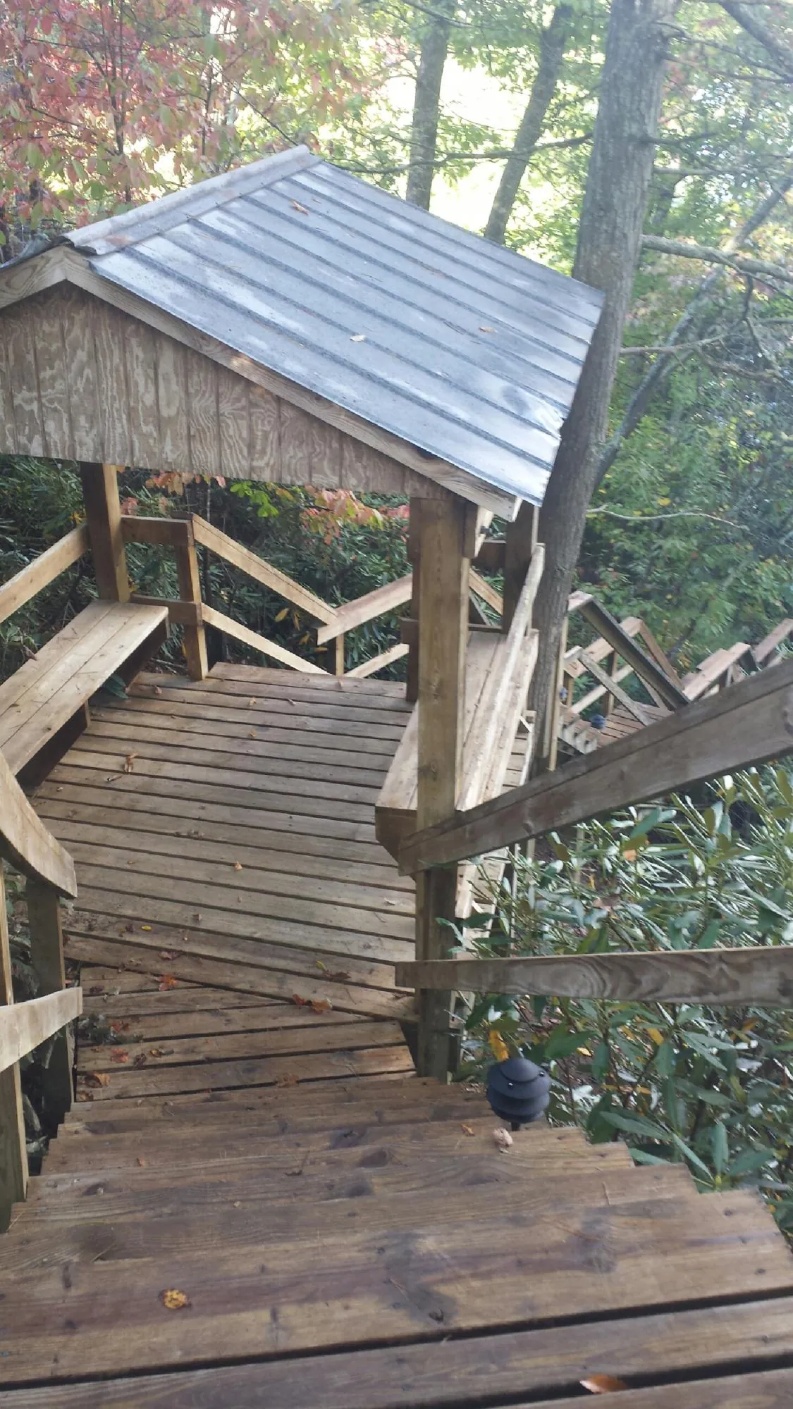 Metal roofed shelter over wooden steps on a wooded walkway — Skylight Repair & Installation work by our crew in Pattersonville